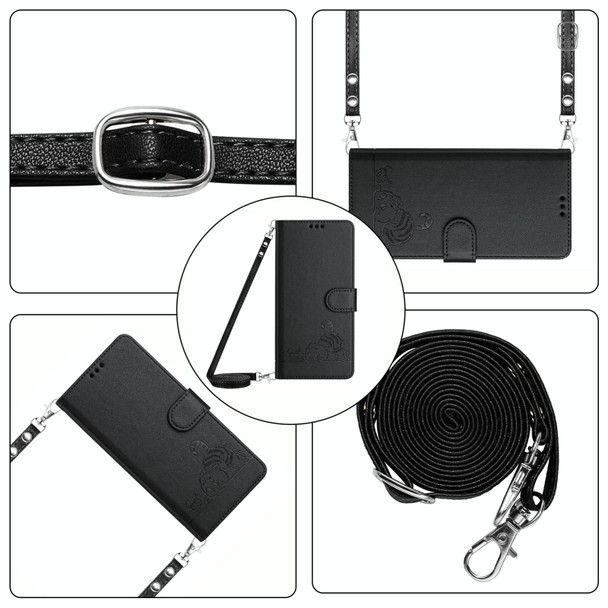 For Motorola Edge 2022 Cat Rat Embossed Pattern RFID Leather Phone Case with Lanyard(Black)