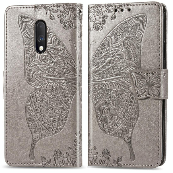 Butterfly Love Flowers Embossing Horizontal Flip Leatherette Case - One Plus 7  with Holder & Card Slots & Wallet & Lanyard(Gray)