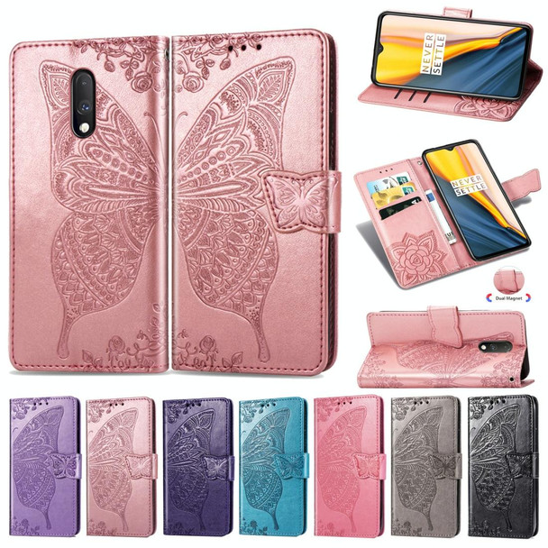 Butterfly Love Flowers Embossing Horizontal Flip Leatherette Case - One Plus 7  with Holder & Card Slots & Wallet & Lanyard(Gray)