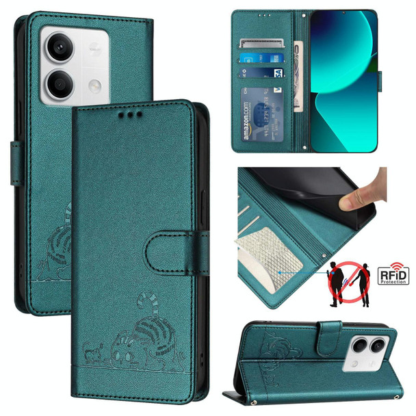 For Xiaomi Redmi Note 13 5G Global Cat Rat Embossed Pattern RFID Leather Phone Case with Lanyard(Peacock Green)