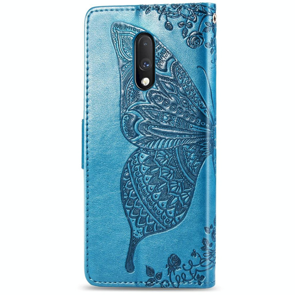 Butterfly Love Flowers Embossing Horizontal Flip Leatherette Case - One Plus 7  with Holder & Card Slots & Wallet & Lanyard(Blue)