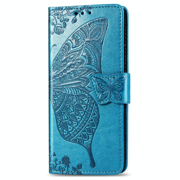 Butterfly Love Flowers Embossing Horizontal Flip Leatherette Case - One Plus 7  with Holder & Card Slots & Wallet & Lanyard(Blue)