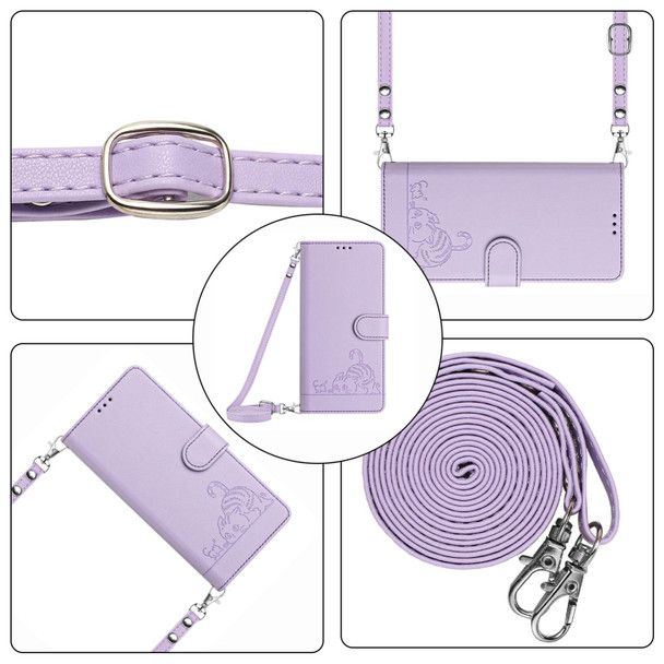 For Samsung Galaxy A01 EU Version Cat Rat Embossed Pattern RFID Leather Phone Case with Lanyard(Purple)