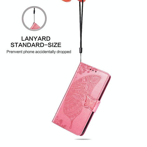 Butterfly Love Flowers Embossing Horizontal Flip Leatherette Case for OnePlus 7 Pro, with Holder & Card Slots & Wallet & Lanyard(Pink)