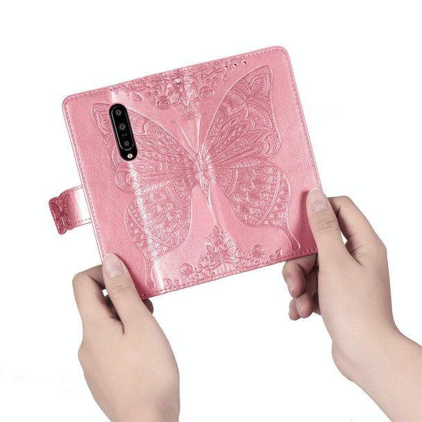 Butterfly Love Flowers Embossing Horizontal Flip Leatherette Case for OnePlus 7 Pro, with Holder & Card Slots & Wallet & Lanyard(Pink)