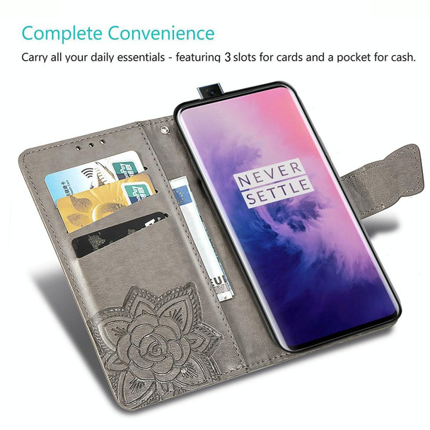 Butterfly Love Flowers Embossing Horizontal Flip Leatherette Case for OnePlus 7 Pro, with Holder & Card Slots & Wallet & Lanyard(Dark purple)