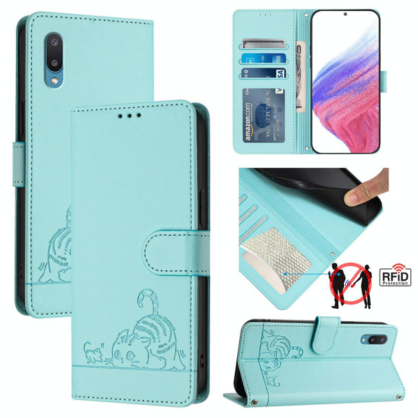 For Samsung Galaxy A02/M02 Cat Rat Embossed Pattern RFID Leather Phone Case with Lanyard(Mint Green)