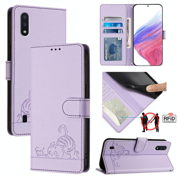 For Samsung Galaxy A10/M10 EU Version Cat Rat Embossed Pattern RFID Leather Phone Case with Lanyard(Purple)