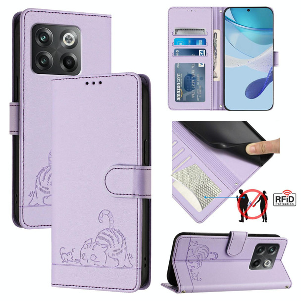 For OnePlus 10T 5G Global Cat Rat Embossed Pattern RFID Leather Phone Case with Lanyard(Purple)