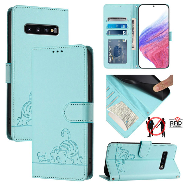 For Samsung Galaxy S10 Cat Rat Embossed Pattern RFID Leather Phone Case with Lanyard(Mint Green)