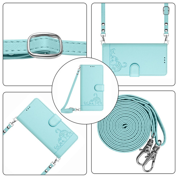 For Samsung Galaxy A22 5G/F42 5G Cat Rat Embossed Pattern RFID Leather Phone Case with Lanyard(Mint Green)