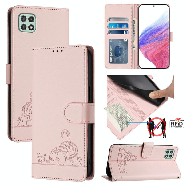 For Samsung Galaxy A22 5G/F42 5G Cat Rat Embossed Pattern RFID Leather Phone Case with Lanyard(Pink)