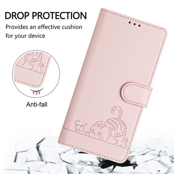 For Samsung Galaxy A41 EU Version Cat Rat Embossed Pattern RFID Leather Phone Case with Lanyard(Pink)