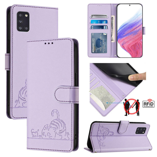 For Samsung Galaxy A31 EU Version Cat Rat Embossed Pattern RFID Leather Phone Case with Lanyard(Purple)
