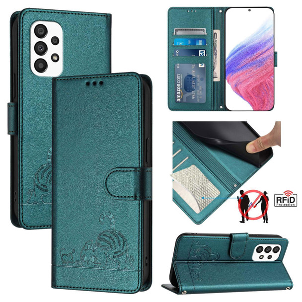 For Samsung Galaxy A33 5G Cat Rat Embossed Pattern RFID Leather Phone Case with Lanyard(Peacock Green)