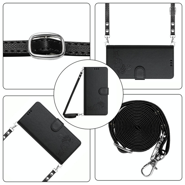 For Samsung Galaxy M32 4G Global/M22 Cat Rat Embossed Pattern RFID Leather Phone Case with Lanyard(Black)