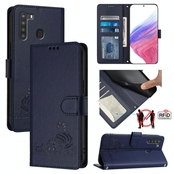 For Samsung Galaxy A21 EU Version Cat Rat Embossed Pattern RFID Leather Phone Case with Lanyard(Blue)