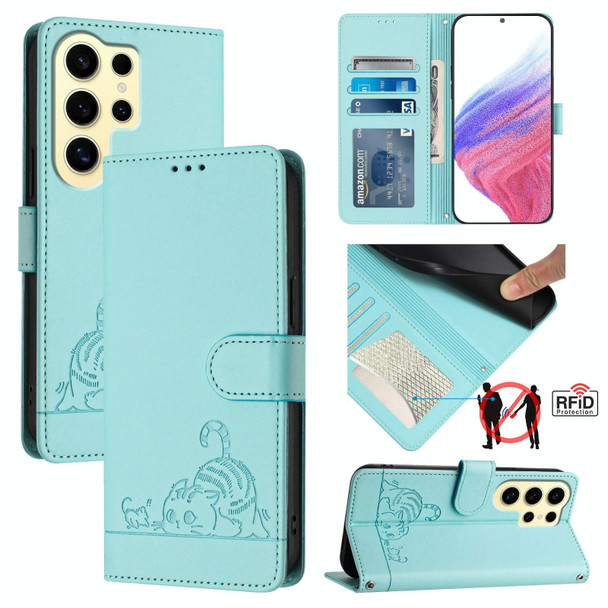 For Samsung Galaxy S24 Ultra 5G Cat Rat Embossed Pattern RFID Leather Phone Case with Lanyard(Mint Green)