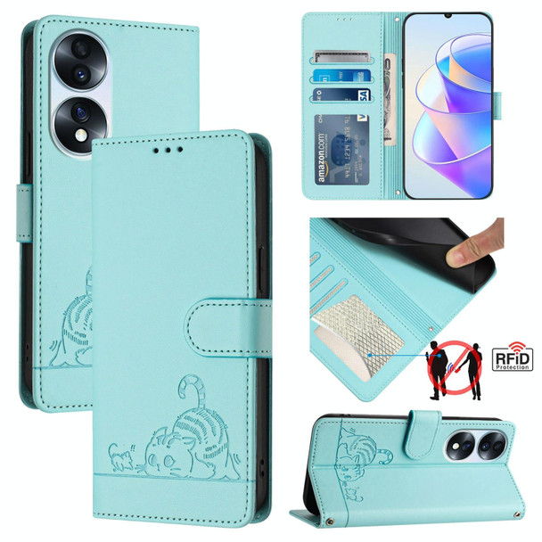 For Honor 70 5G Cat Rat Embossed Pattern RFID Leather Phone Case with Lanyard(Mint Green)