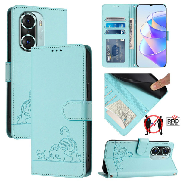 For Honor 60 Pro 5G Cat Rat Embossed Pattern RFID Leather Phone Case with Lanyard(Mint Green)