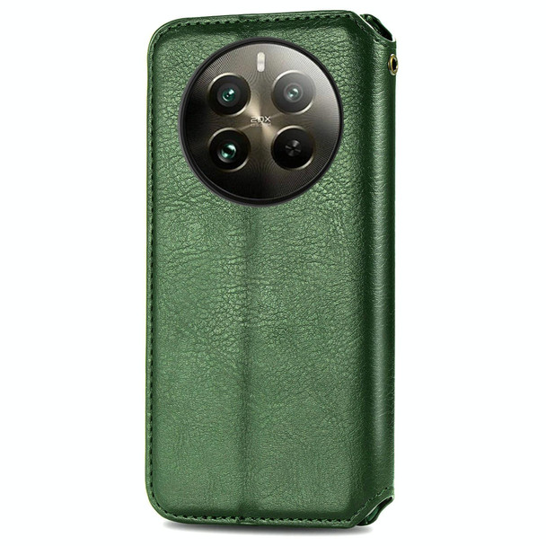 For  Realme 12+ Cubic Grid Pressed Magnetic Leather Phone Case(Green)