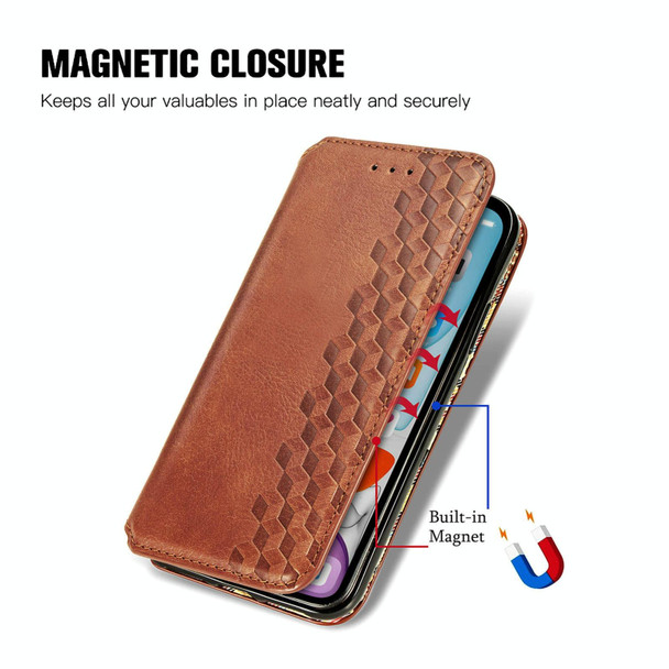 For  Realme 12+ Cubic Grid Pressed Magnetic Leather Phone Case(Brown)