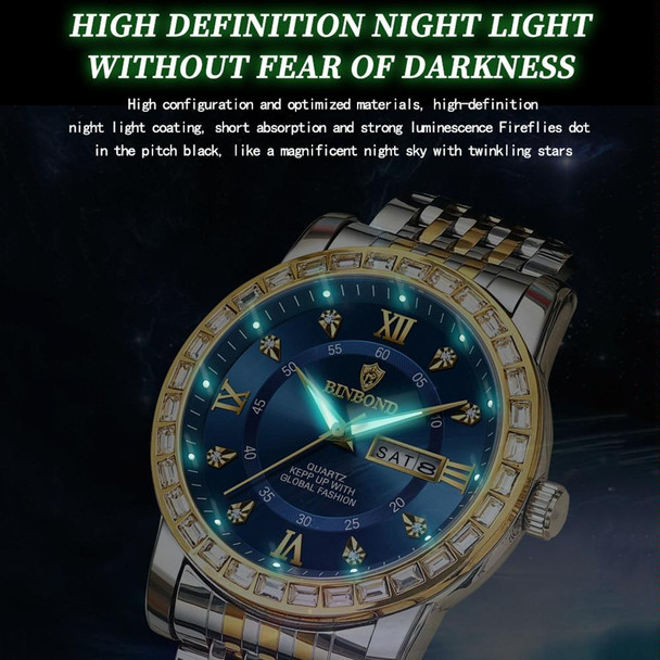 BINBOND B2202 Diamond Dual-calendar Luminous Quartz Watch, Color: Inter-gold-White
