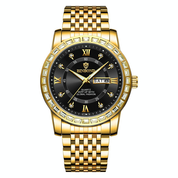 BINBOND B2202 Diamond Dual-calendar Luminous Quartz Watch, Color: Full-gold-Black