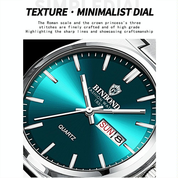 BINBOND B102 Dual-calendar Leisure Waterproof Luminous Quartz Watch, Color: White Steel-White