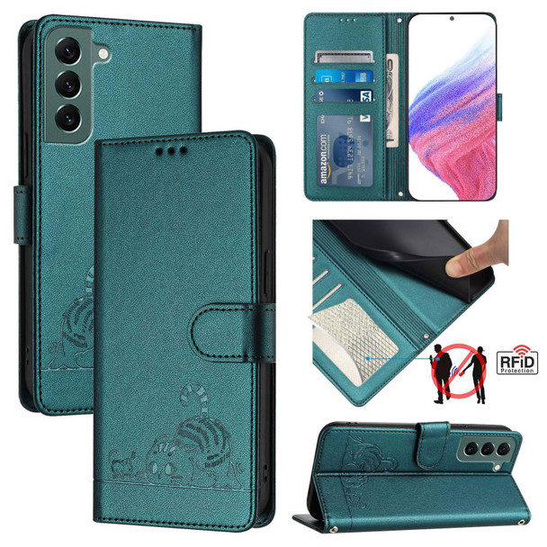 For Samsung Galaxy S22+ 5G Cat Rat Embossed Pattern RFID Leather Phone Case with Lanyard(Peacock Green)