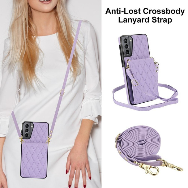 For Samsung Galaxy S21+ 5G YM015 Crossbody Rhombic Card Bag RFID Phone Case(Light Purple)