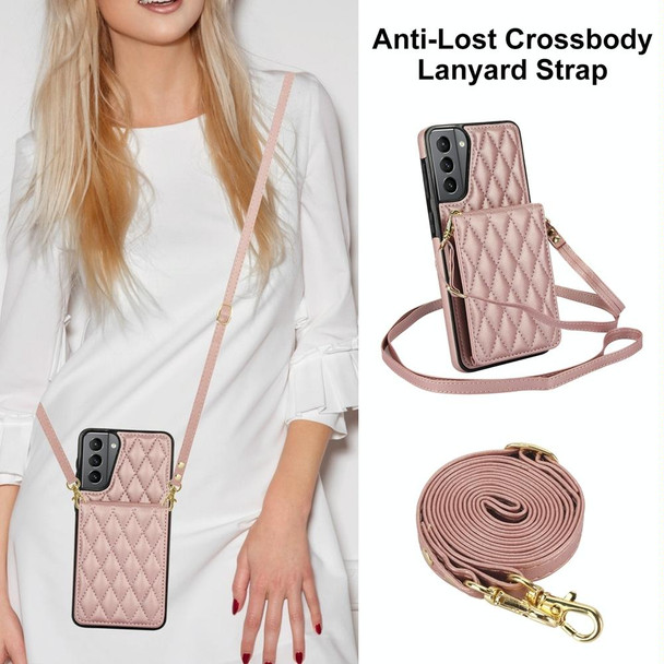 For Samsung Galaxy S21+ 5G YM015 Crossbody Rhombic Card Bag RFID Phone Case(Rose Gold)