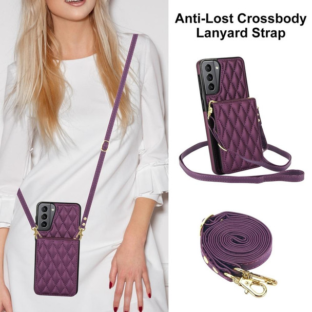 For Samsung Galaxy S21+ 5G YM015 Crossbody Rhombic Card Bag RFID Phone Case(Dark Purple)