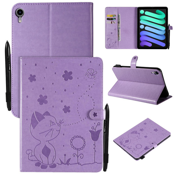 Cat Bee Embossing Pattern Horizontal Flip Leatherette Tablet Case - iPad mini 6(Purple)