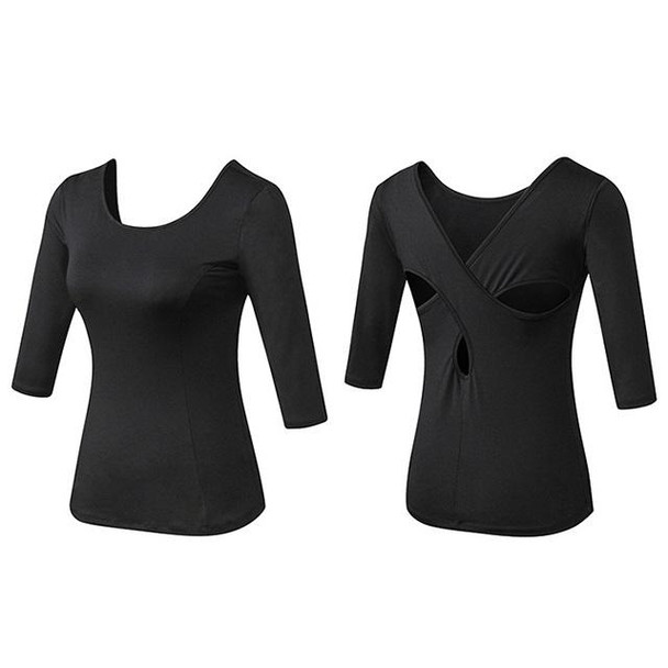 Back Cross Medium-length Sleeve Yoga Sportswear - Ladies (Color:Black Size:XXL)