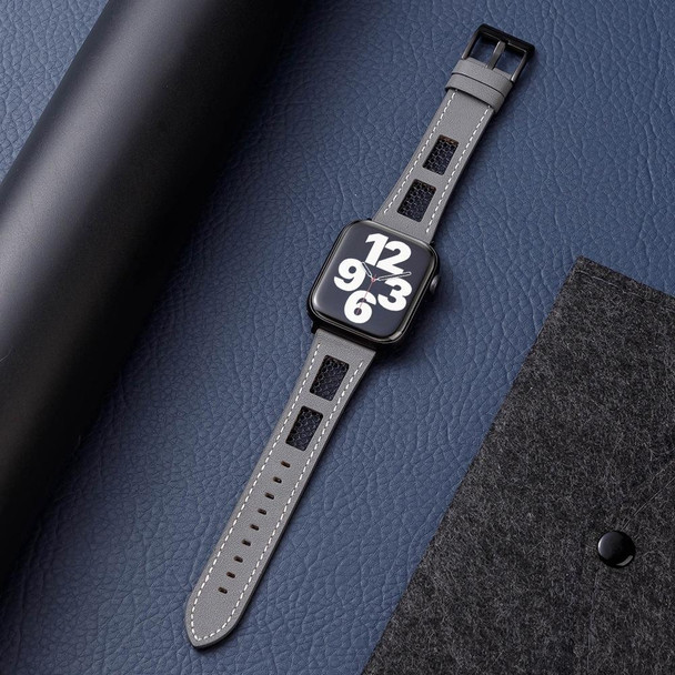 For Apple Watch Series 8 45mm Mesh Calfskin Genuine Leather Watch Band(Grey)