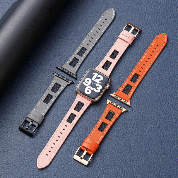 For Apple Watch Series 9 41mm Mesh Calfskin Genuine Leather Watch Band(Pink)