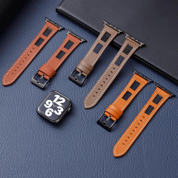 For Apple Watch Series 8 45mm Mesh Calfskin Genuine Leather Watch Band(Orange)