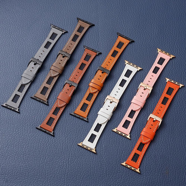 For Apple Watch Series 8 45mm Mesh Calfskin Genuine Leather Watch Band(Orange)