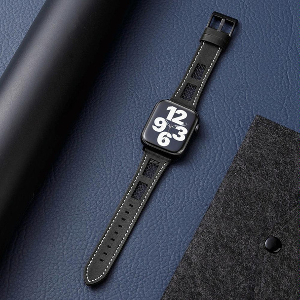 For Apple Watch 38mm Mesh Calfskin Genuine Leather Watch Band(Black)