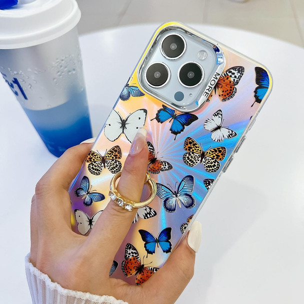 For iPhone 13 Pro Max Electroplating Laser Butterfly Ring Holder Phone Case(Black Butterflies AB5)