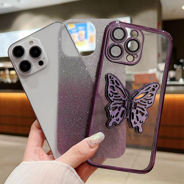 For iPhone 14 Pro Max Electroplated Gradient Glitter 3D Butterfly TPU Phone Case(Gradient Blue)