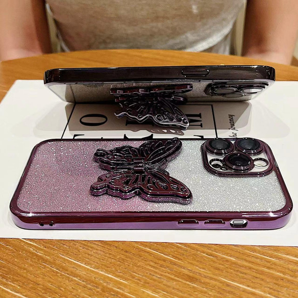 For iPhone 15 Plus Electroplated Gradient Glitter 3D Butterfly TPU Phone Case(Gradient Black)