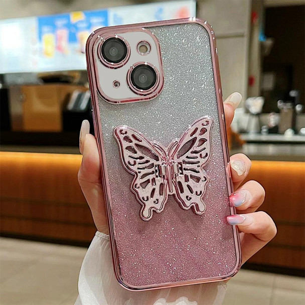 For iPhone 15 Electroplated Gradient Glitter 3D Butterfly TPU Phone Case(Gradient Pink)