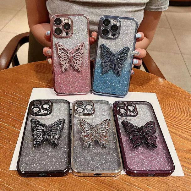 For iPhone 15 Plus Electroplated Gradient Glitter 3D Butterfly TPU Phone Case(Gradient Purple)