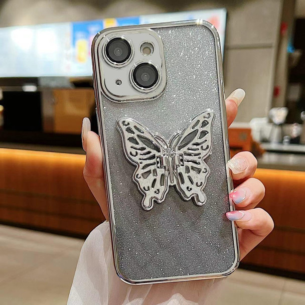For iPhone 15 Electroplated Gradient Glitter 3D Butterfly TPU Phone Case(Gradient Silver)
