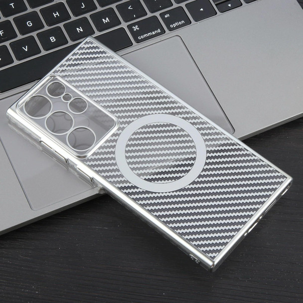 For Samsung Galaxy S23 Ultra 5G 6D Plated Carbon Fiber Clear Magsafe PC Phone Case(Starlight Silver)