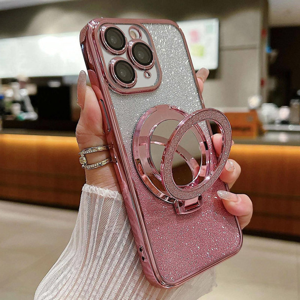 For iPhone 11 Pro Max Plated Mirror Holder Gradient Glitter Magsafe Phone Case(Pink)