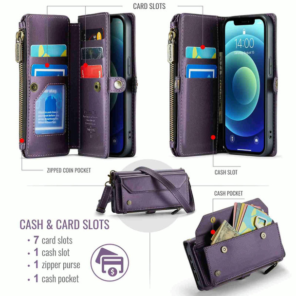 For iPhone 12 mini CaseMe C36 Card Slots Zipper Wallet RFID Anti-theft Leather Phone Case(Purple)