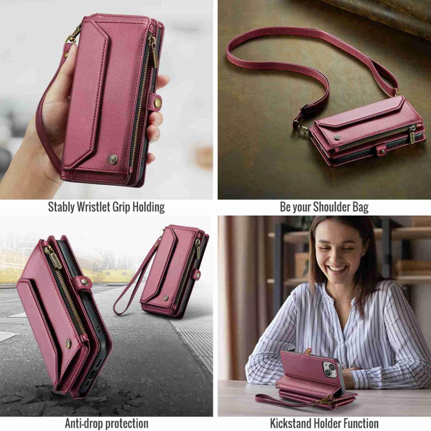 For iPhone 14 Plus CaseMe C36 Card Slots Zipper Wallet RFID Anti-theft Leather Phone Case(Wine Red)